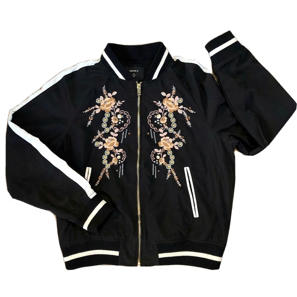 FOREVER 21 Y2K Embroidered Satin Bomber Jacket Black Floral Women’s Size S